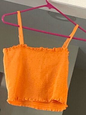 Forever 21 Bright Orange Smocked Ruffle Strap Crop Top
